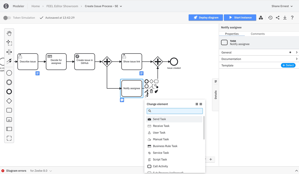 Example of building a process in Modeler using Camunda Platform